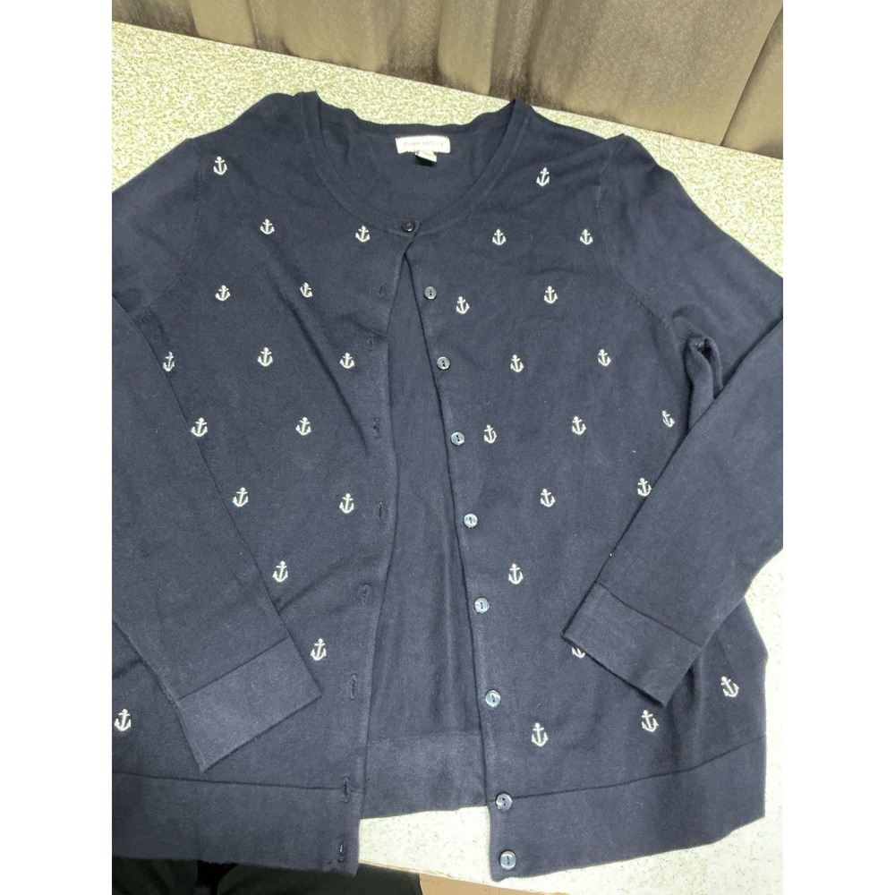 Charter Club Cardigan Sweater Embroidered Anchors Navy Blue Buttons Large